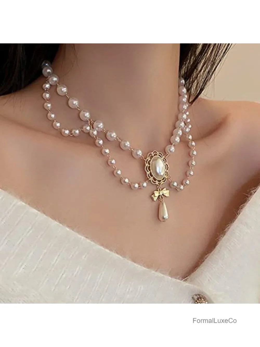 Vintage 1920s Bridal Faux Pearls Choker Necklace Layered Tassels Bow for Women